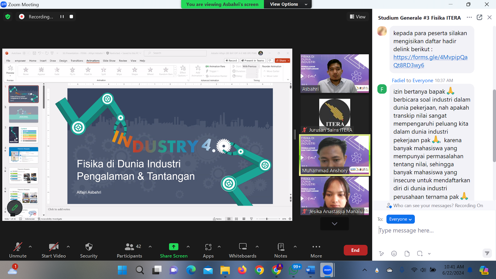 Prodi Fisika ITERA Kenalkan Pengalaman dan Tantangan Dunia Kerja Industri bagi Mahasiswa Lewat Gelaran Studium Generale Series 3